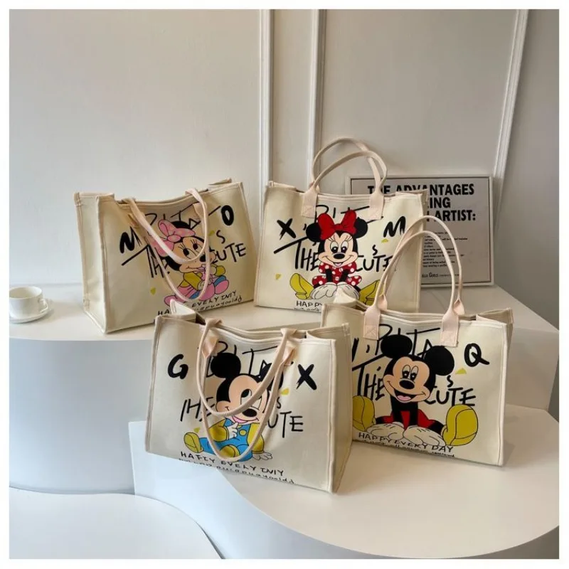MINISO   Disney Minnie Mickey Cartoon Large Capacity Casual Handheld Shoulder Bag Student High Quality Canvas Tote Bag