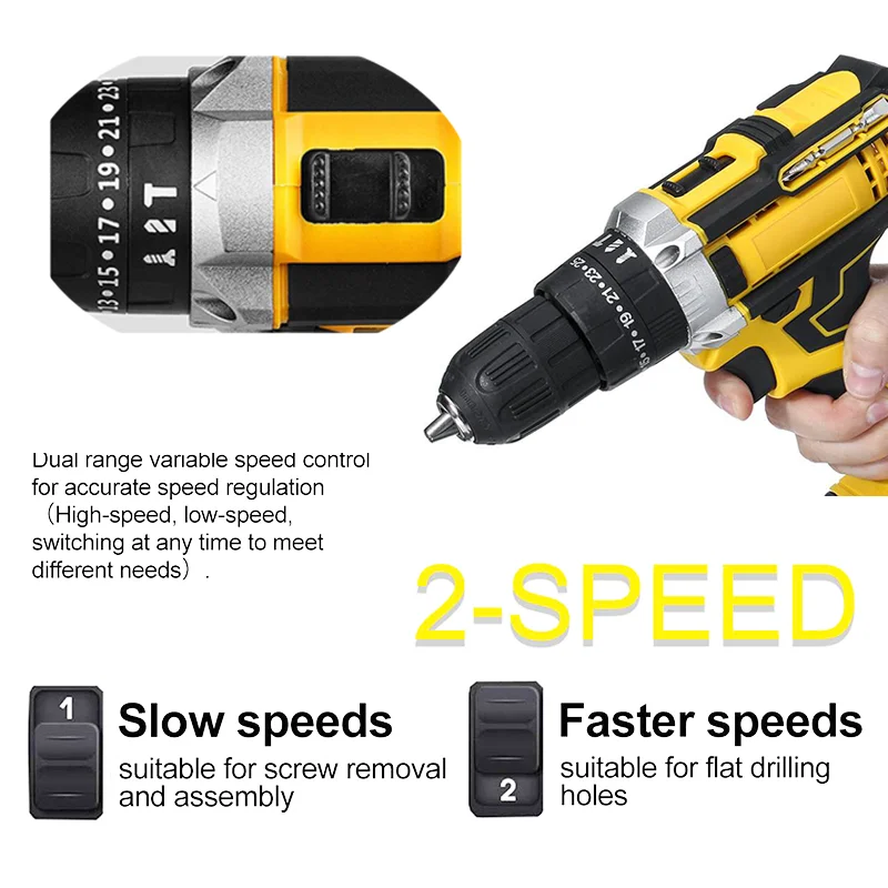 Wiredless Impact Drill Screwdriver Rechargeable Battery Cordless Hammer Drill 25+3Torque Setting Electric Screwdriver Power Tool