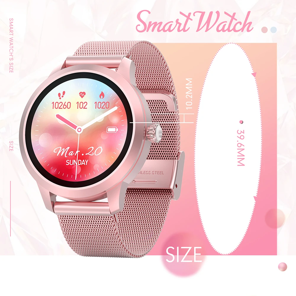 Women Fashion Smart Watch Full Screen Touch Sport Fitness Tracker Watch Heart Rate Blood Pressure for iOS Android Smartwatch