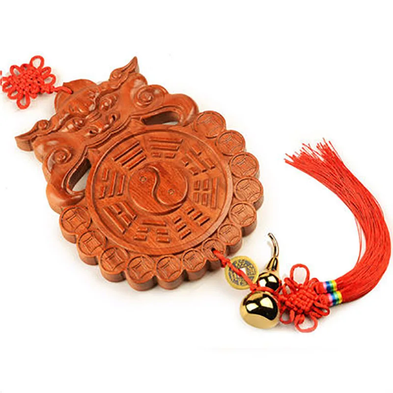 Monster Head Chinese Feng Shui Peach Wood Carving Ornament, Home Living Room Decor