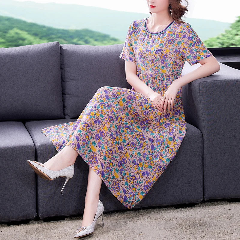 

2023S Fashion Versatile Silk Round Neck Printed Dress For Women Summer New High end Silk Loose Leisure Vacation Vestidos