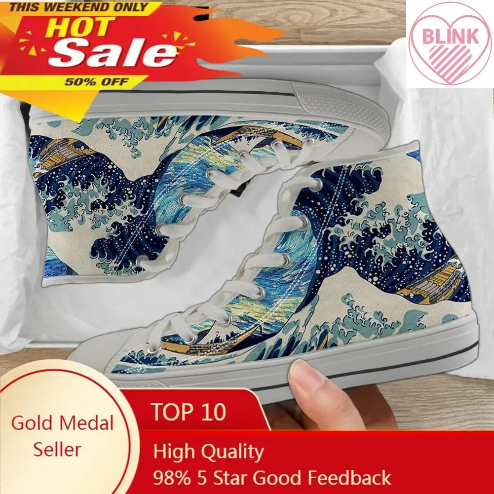 Japanese Ocean Waves Painting Vulcanized Shoes Women Canvas High Top Flat Shoes Casual Lace Up Sneakers for Ladies