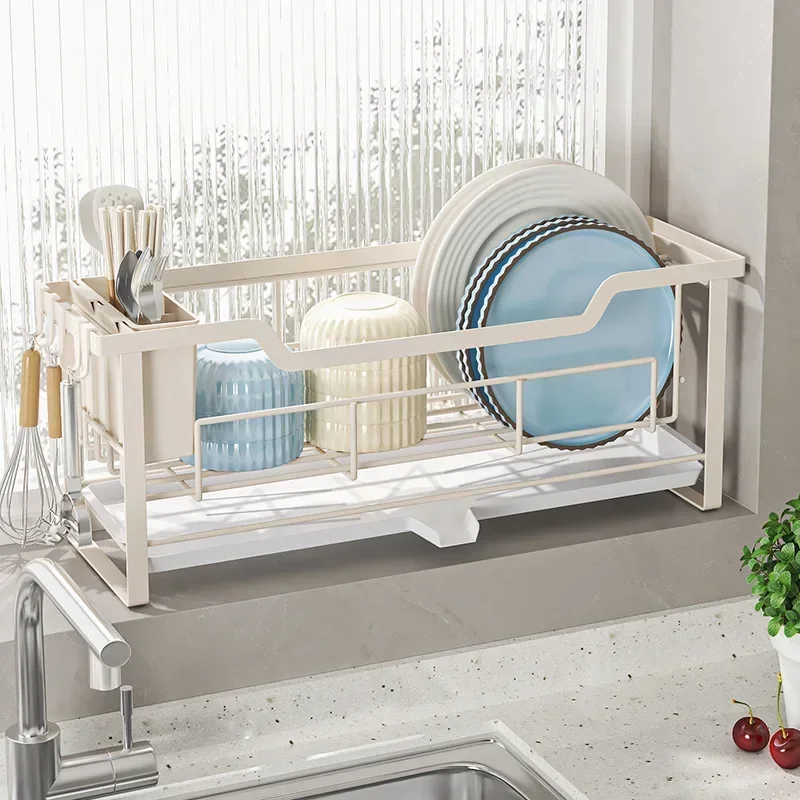 Compact Dish Storage Rack Space-Saving Kitchen Organizer with Drain Tray for Plates Utensils Cups Countertop Dish Drainer