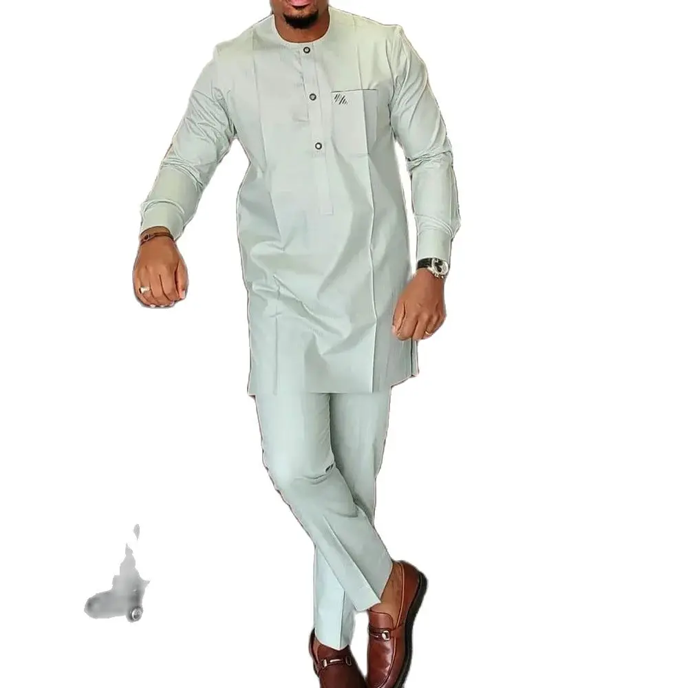 New Men's Elegant Suit Men's Pants Two-piece Set Round Neck Solid Color Stitching Long Sleeve Party Social Ethnic Dress