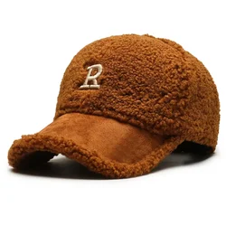 Trendy Lambswool Embroidered Winter Baseball Cap - White/Brown Plush Trucker Hat - 56 - 60cm (Brown)