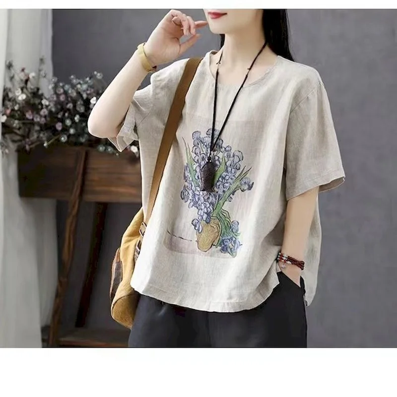 

Cotton Linen T Shirts Women Casual Art Printed O-neck T-shirt Loose Simple Short Sleeve Top Summer Trend Thin Tshirt Y2k Clothes