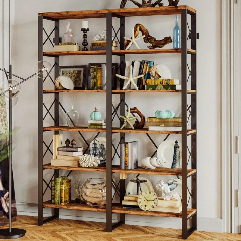 IRONCK Bookshelf Double Wide 6-Tier 76" H,Open Large Bookcase,Industrial Style Shelves,Wood and Metal Bookshelves for Home Offic 2