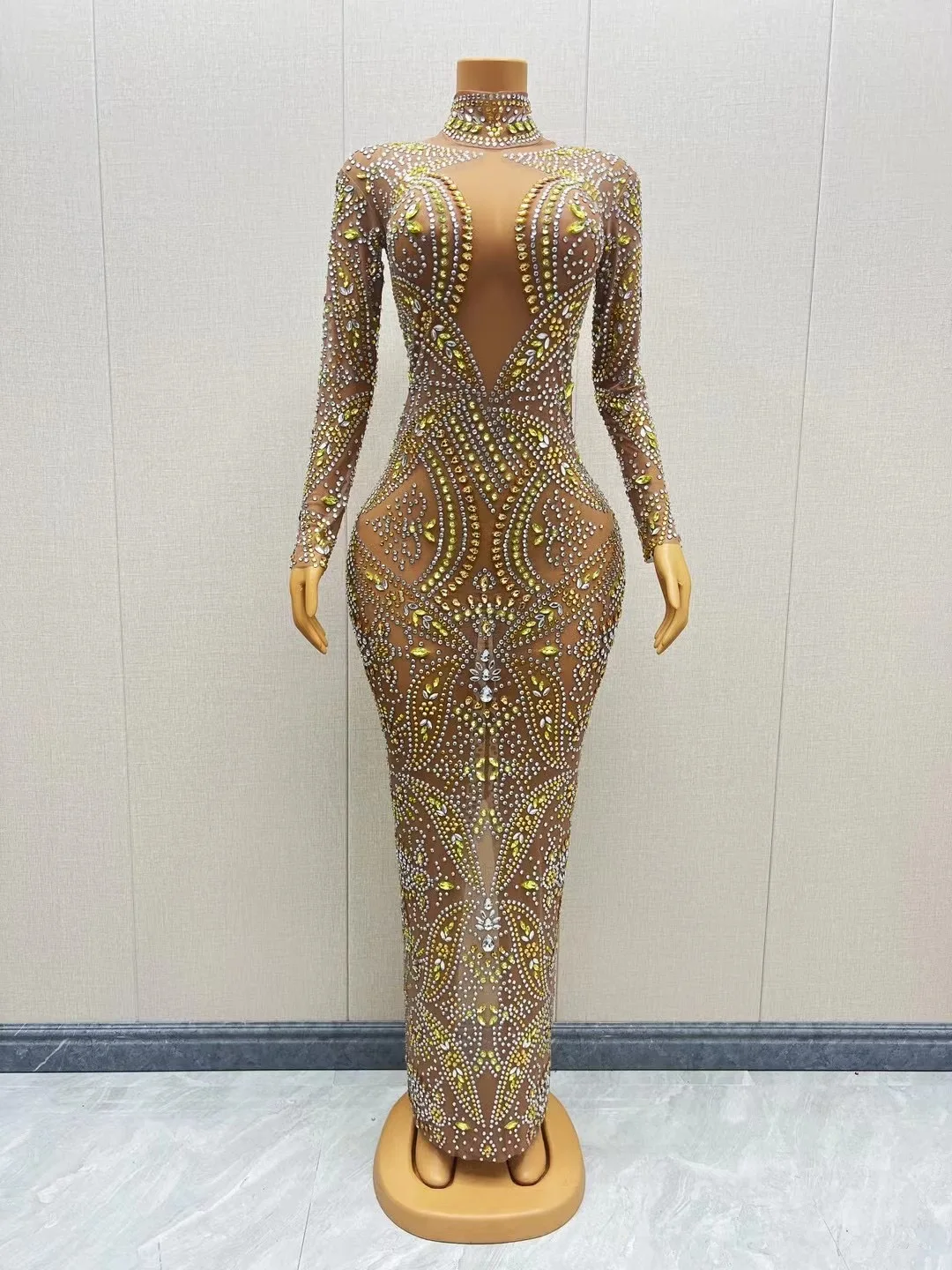 Блестящие Ярко-бежевые блестящие платья для свадьбы, дня рождения, прозрачные сетчатые костюмы, вечерние сексуальные платья tenghua C102