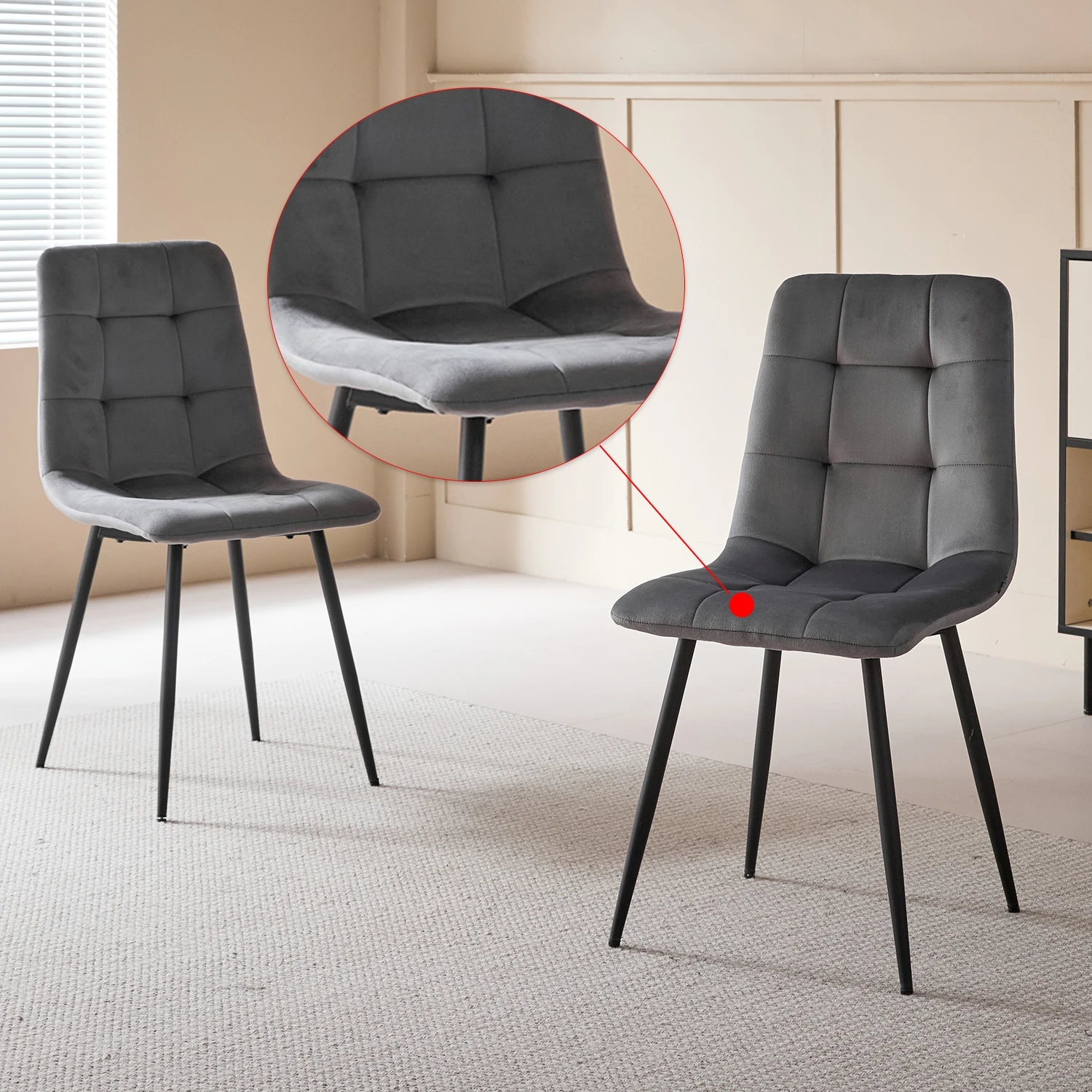 GrandCA HOME 4x Samt-Esszimmerstühle + runder Esstisch, 100 cm runder Esstisch-Set mit gepolsterten Stühlen für das Wohnzimmer – Detail 4