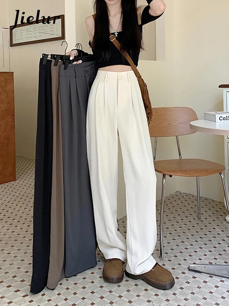 

Jielur Fashion OL Suit Women's Pants Straight Casual Loose Korean Wide Leg Pants Female New Autumn Black Apricot Trousers S-4XL