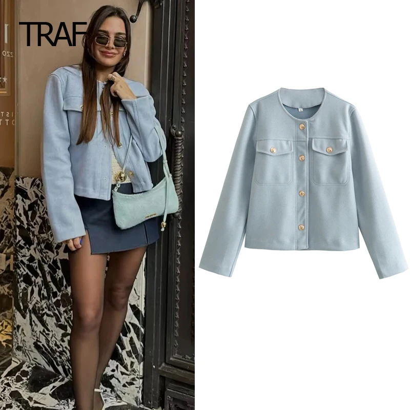 

TRAF O-Neck Long Sleeve Top Women's Coat Spring Summer 2024 Cropped Jackets New In Outwears Fashion Female Jacket New Arrivals