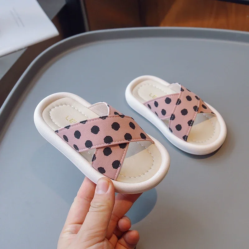 Girls Polka Dot Summer Slippers Kids Open Toe Flat Shoes