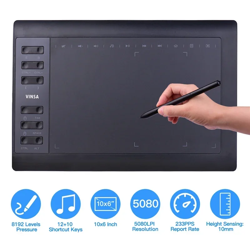 10x6" Professional Graphics Drawing Tablet 12 Express Keys 8192 Levels Battery-Free Stylus/8pcs Nibs/Pen Clip Support PC/Laptop