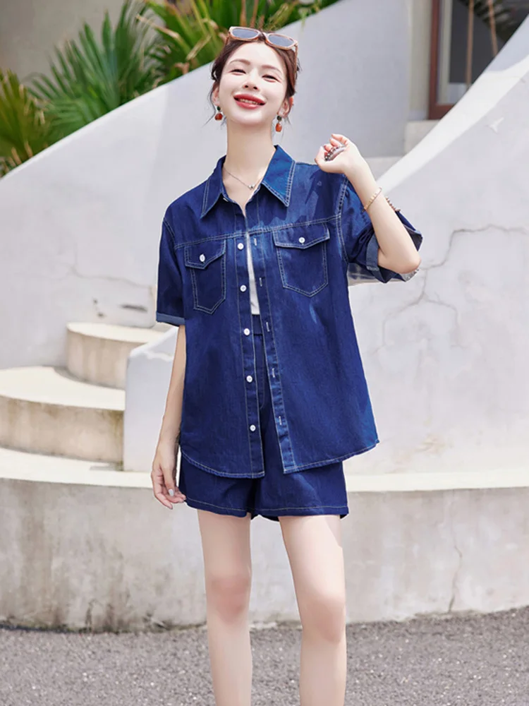 New Women Summer Dark Blue Denim Sets Fashion Turn-down Collar Short Sleeve Loose Denim Shirt and Elastic Waist Denim Shorts