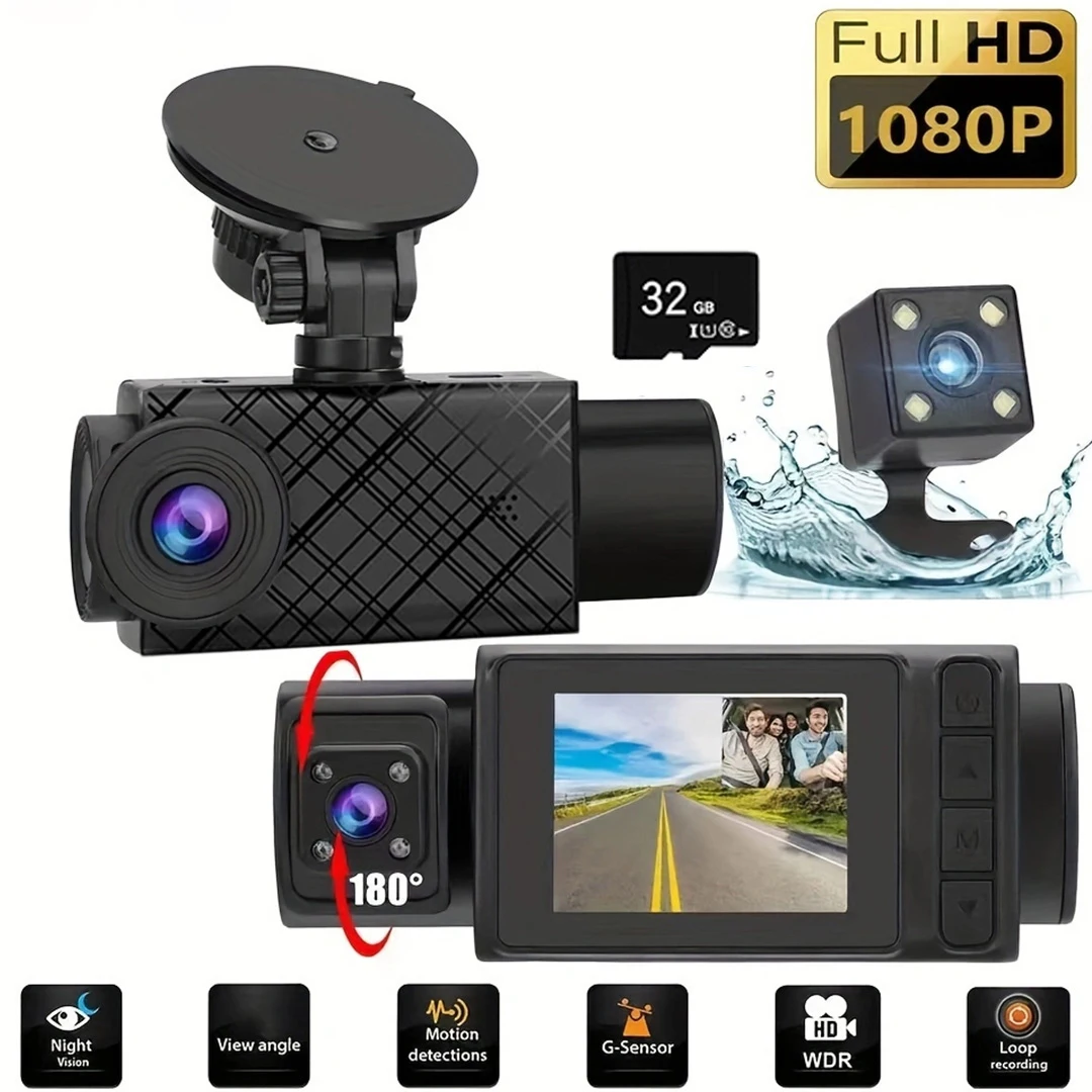 3 Camera 1080P Car Dash Recorder 2.0-Inch Screen G-sensor HD Night Vision Function Loop Recording Wide Angle Lens Car DVR