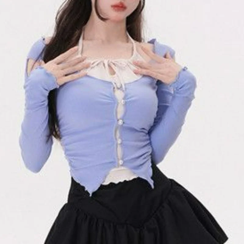 

Square Collar Halter Bandage Single-breasted Crop Top Y2k Clothes Sweet Women T-shirts Summer Contrast Color Fake Two Piece Tees