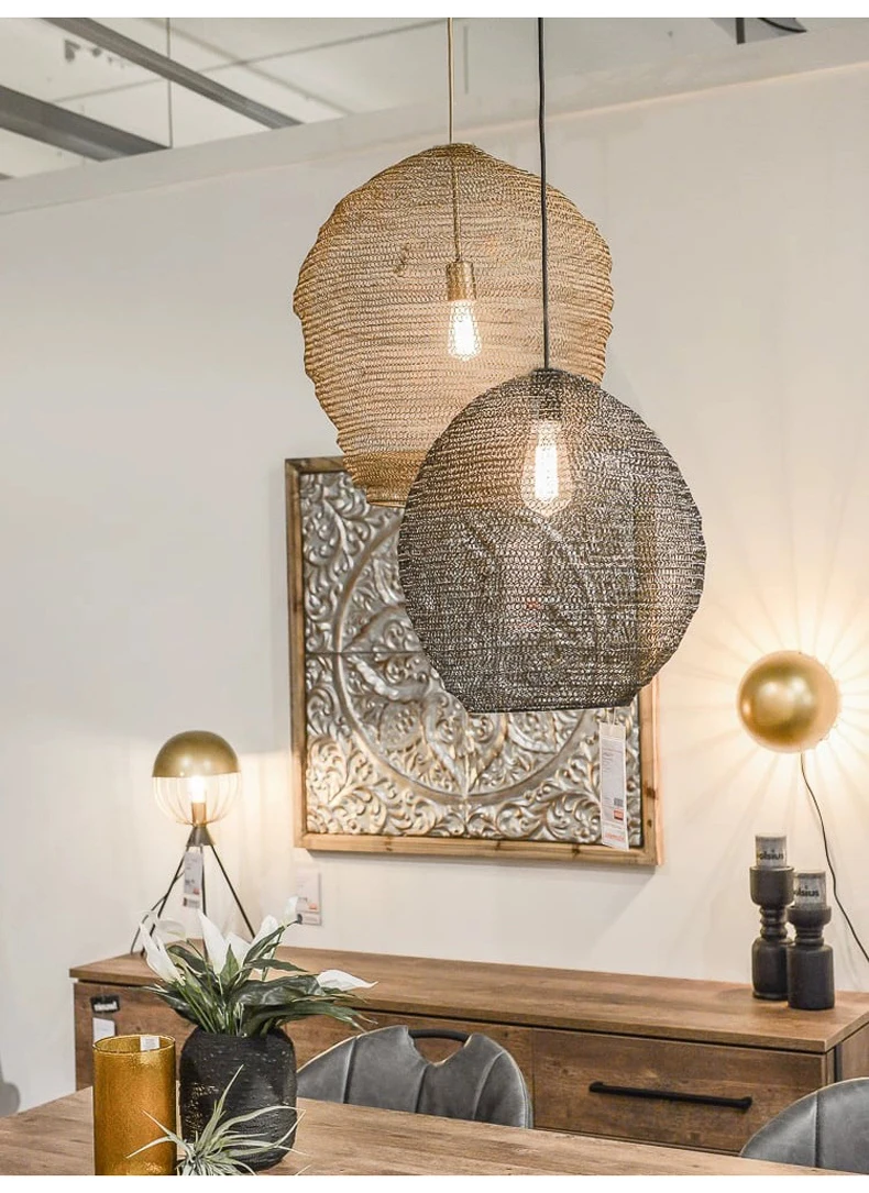 Vintage Mesh Pendelleuchte Wabi Sabi Restaurant Pendelleuchte für Wohnzimmer Küche Loft Dekor Designer unregelmäßige Hängelampe – Detail 5