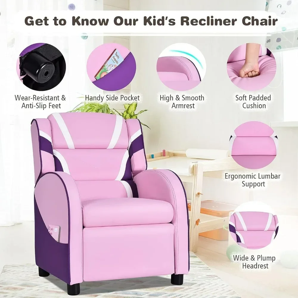 Kids Recliner Sofa, Children Leather Armchair Couch w/Footrest, Headrest, Gaming Reclining Chair for Living Room Nursery 3