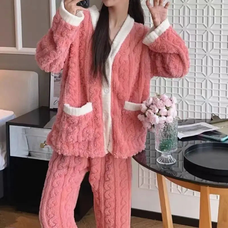 Autumn Winter Loose Sweet Casual Pajamas Women's Set Thick Fleeceing Wool Long Sleeve Cardigan Elastic Waist Long Pants Trousers