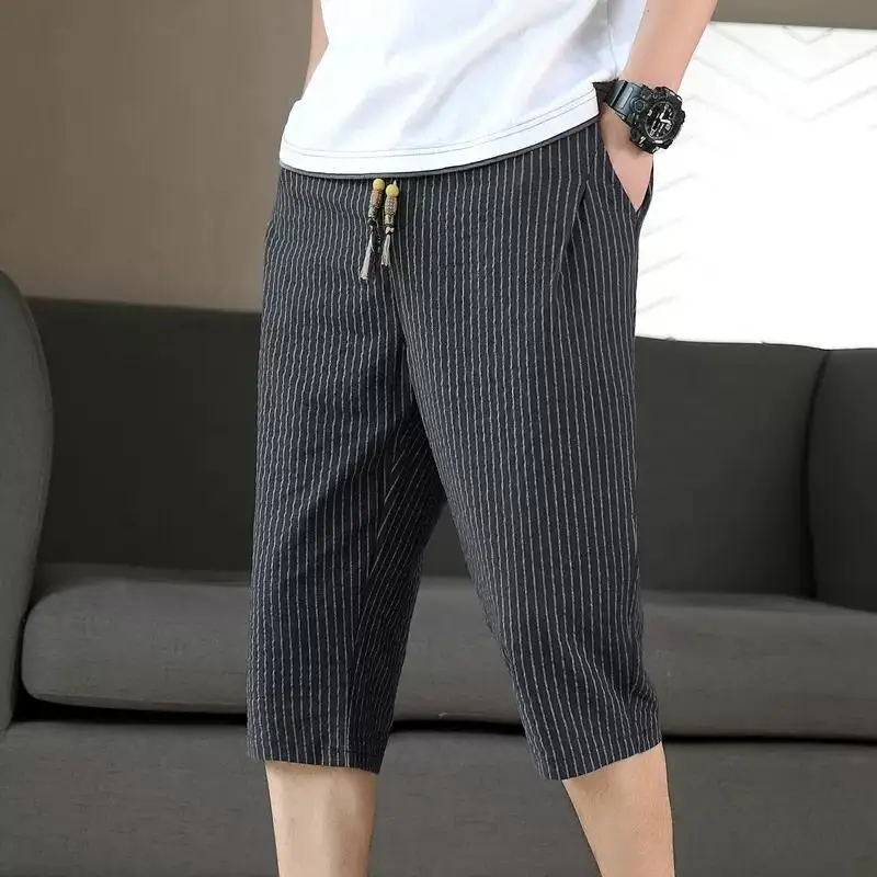 2024 남성용 하이웨이스트 포켓 코튼 린넨 스트라이프 크롭 팬츠, 얇은 통기성 및 다목적 캐주얼, 여름 트렌드 패션, 신제품