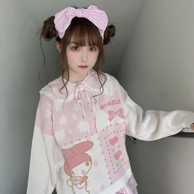 Sanrios MyMelody Cinnamoroll Kawaii Cartoon Colorblock Sweater Knit Crew Neck Winter Sweet Sweatshirt pullover top Girls Gifts