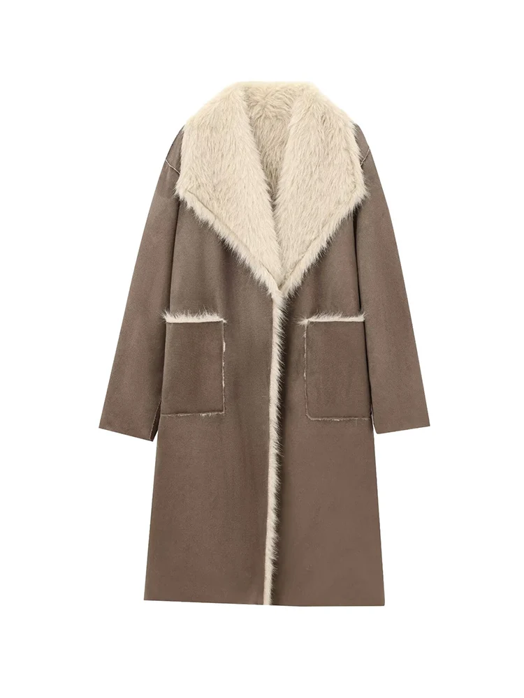 Women Retro Reversible Long Coat Casual Faux Fur Lapel Single Button Pocket Jacket Ladies Winter Fashion Street Warm Outwear