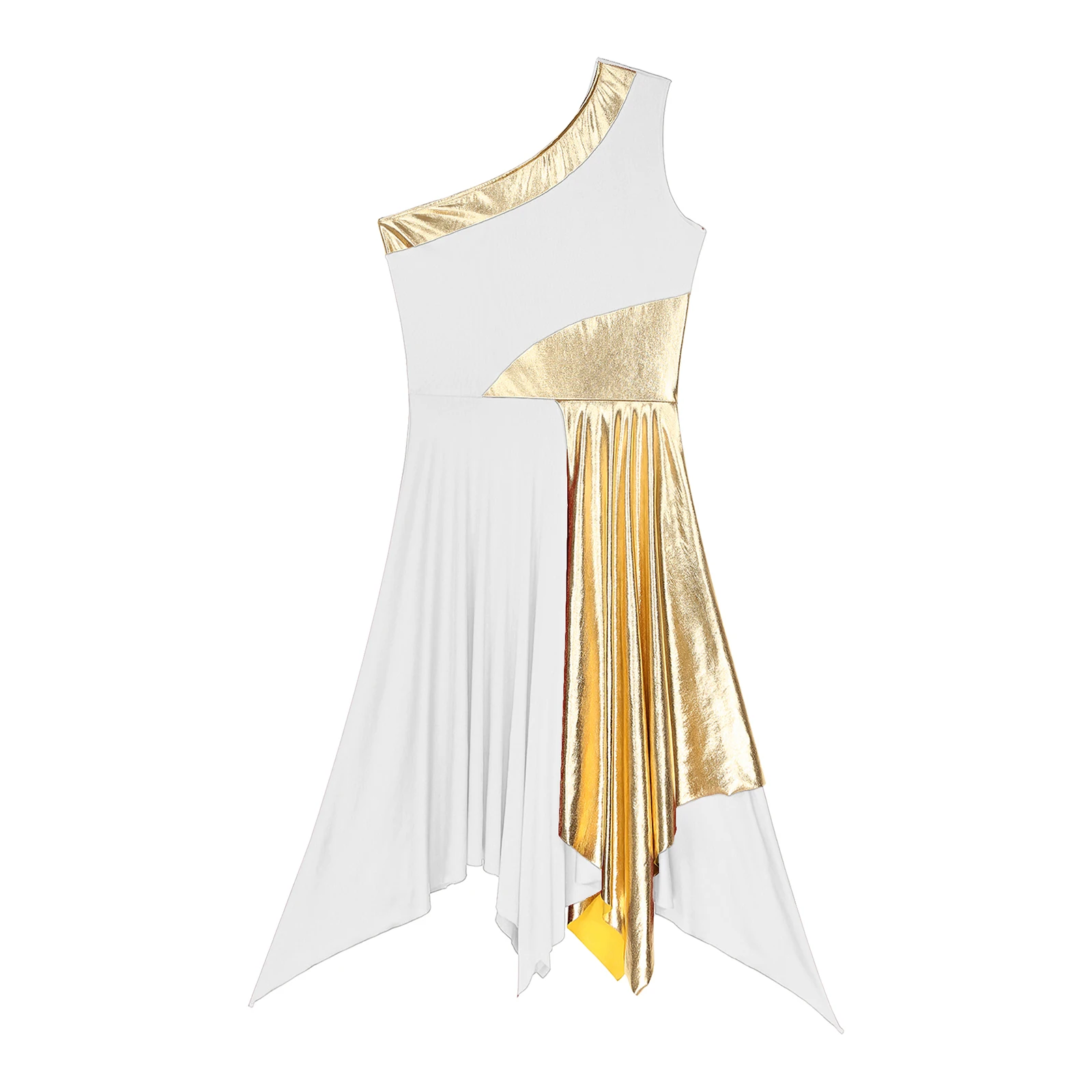 Liturgisches Lobpreis-Tanz-Outfit für Damen, einschultriges, unregelmäßiges Saum-Chor-Kirchen-Ballettkleid mit metallischer Hose mit weitem Bein – Detail 9