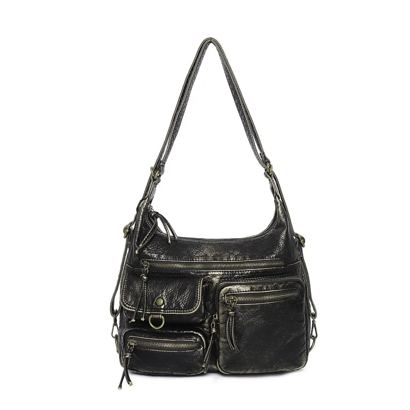 Angelkiss Women's Bag Large PU Shoulder Bag Fashion Top-handle Vintage Black Dyeing Dumpling Pack Multi-pockets Crossbody Bag