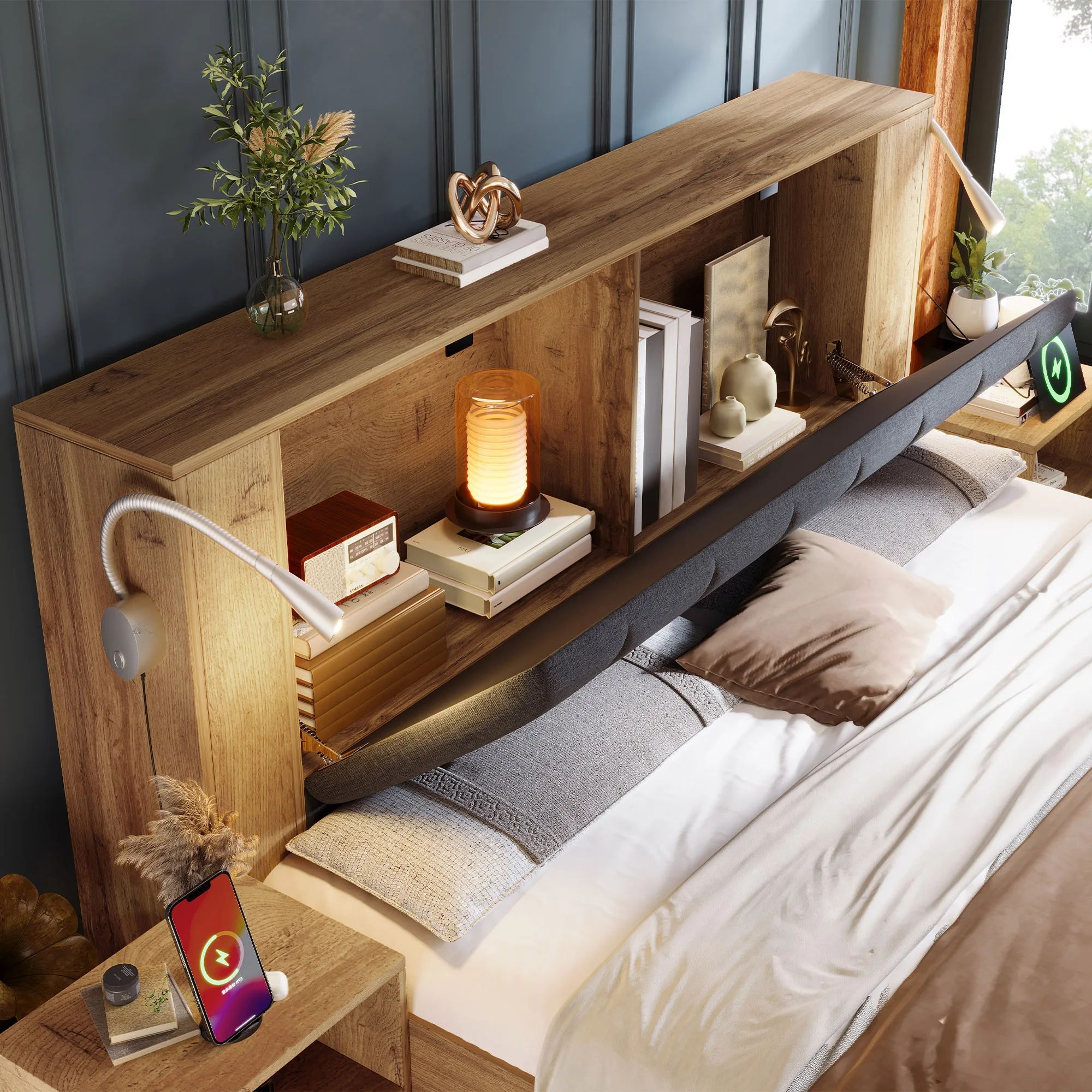 Doppelbett 160 x 200 cm mit Kopfteil aus Leinenstoff, ausklappbarem Kopfteil, Nachttischen mit Stauraum, Bank, USB-Lampen, Lattenrost aus Eichenholz – Detail 15