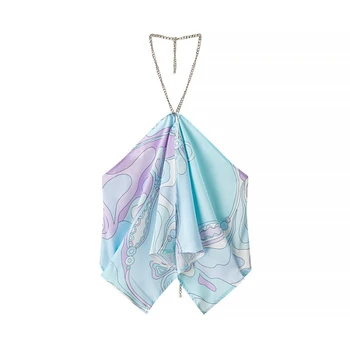 Sexy Satin Printed Backless Halter Top Chic Sleeveless Off Shoulder Irregular Loose Cropped Blouse 2026 Vacation Beach Tops New