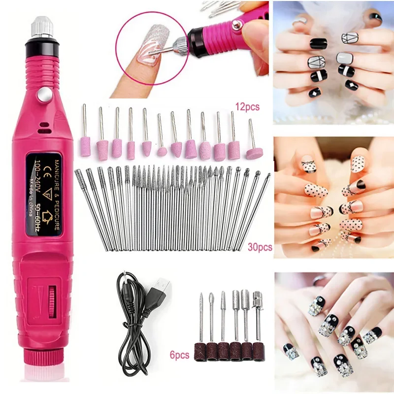 휴대용 미니 전기 네일 드릴 키트, 매니큐어 도구 조합, 플라스틱 재료, 전문 가정용 네일 케어 제품