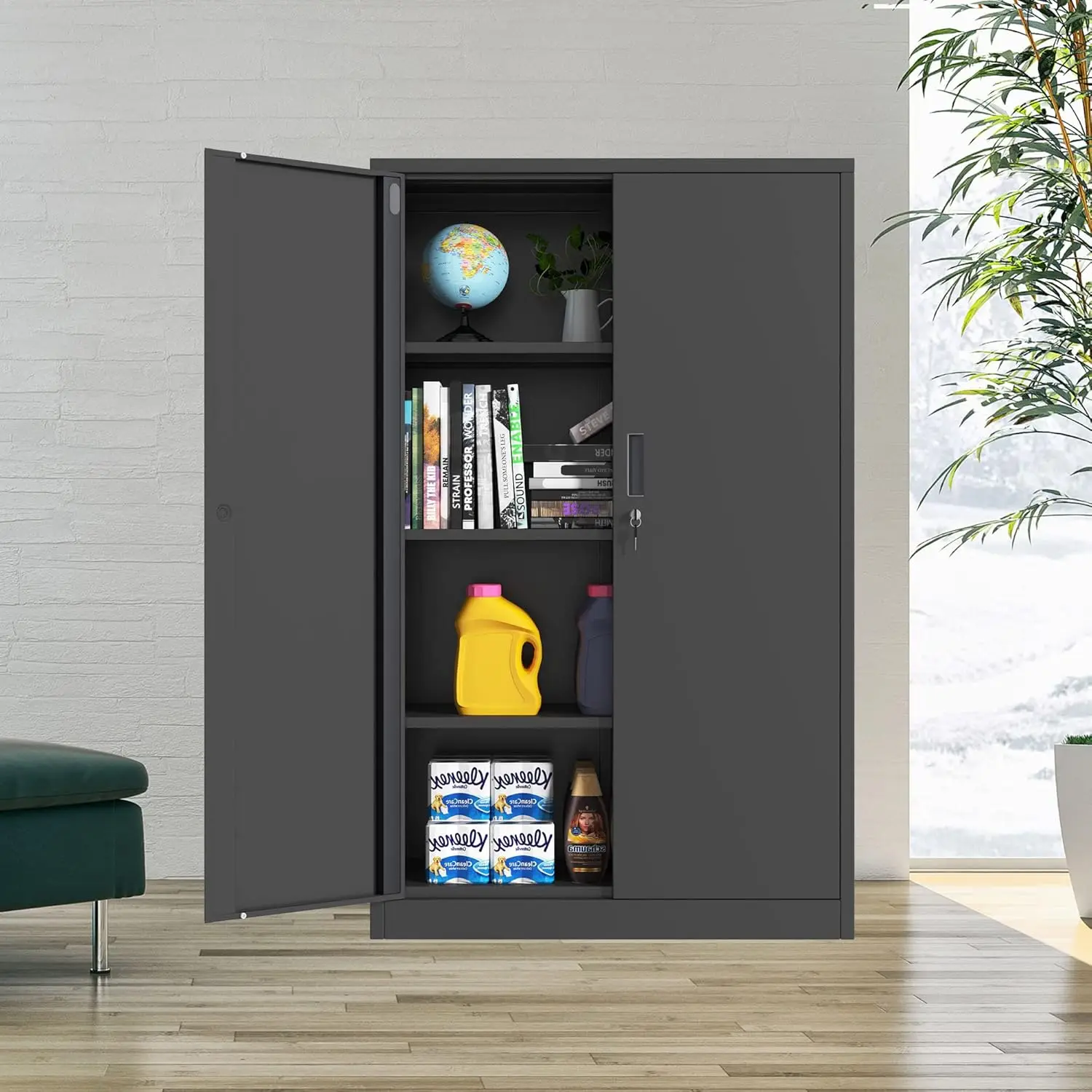 Tool cabinet Metal Storage Cabinet with Locking Doors and 3 Adjustable Shelves 53.5-Inch Lockable Storage Cabinets Black 6