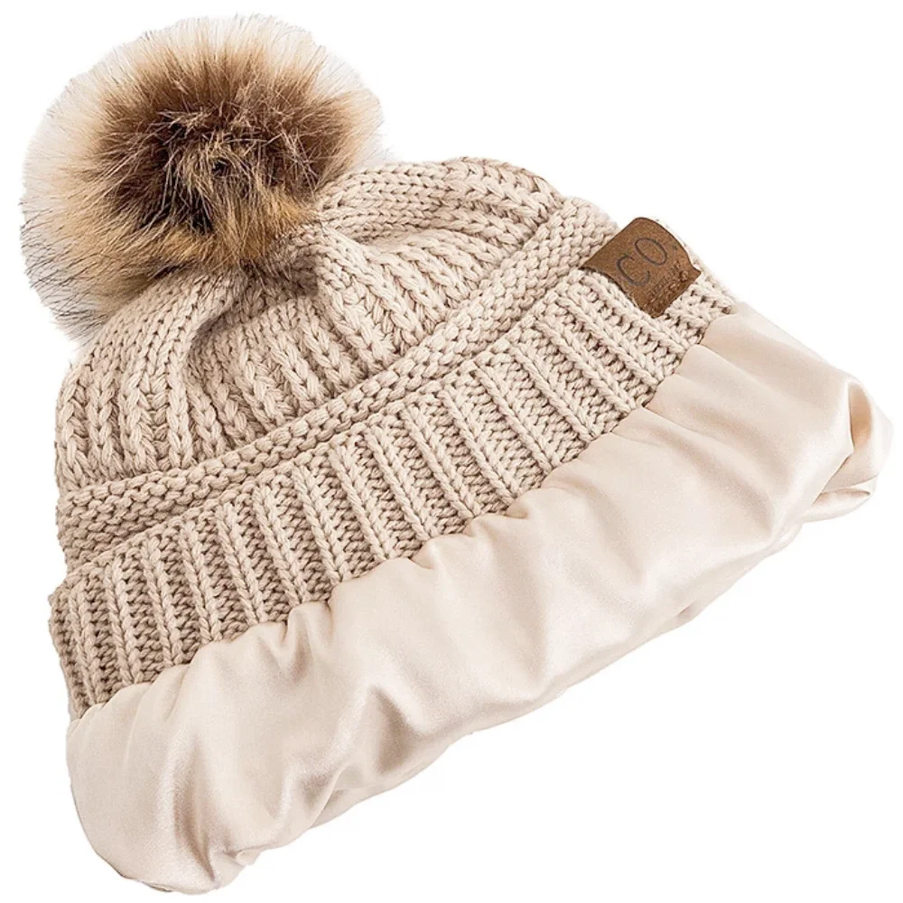 New Fashion Anti-Static Winter Hat Satin Thermal Faux Fur Pompoms Beanies Hat Women Girl Outdoor Chic Hats