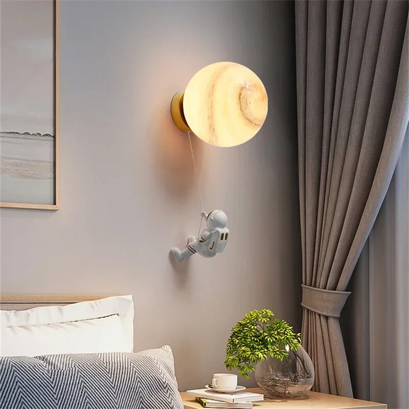 Children's Room Moon LED Wall Lamp Modern Minimalist Creative Astronaut  Copper Cartoon Boy Bedroom Bedside Background Wall Lamp