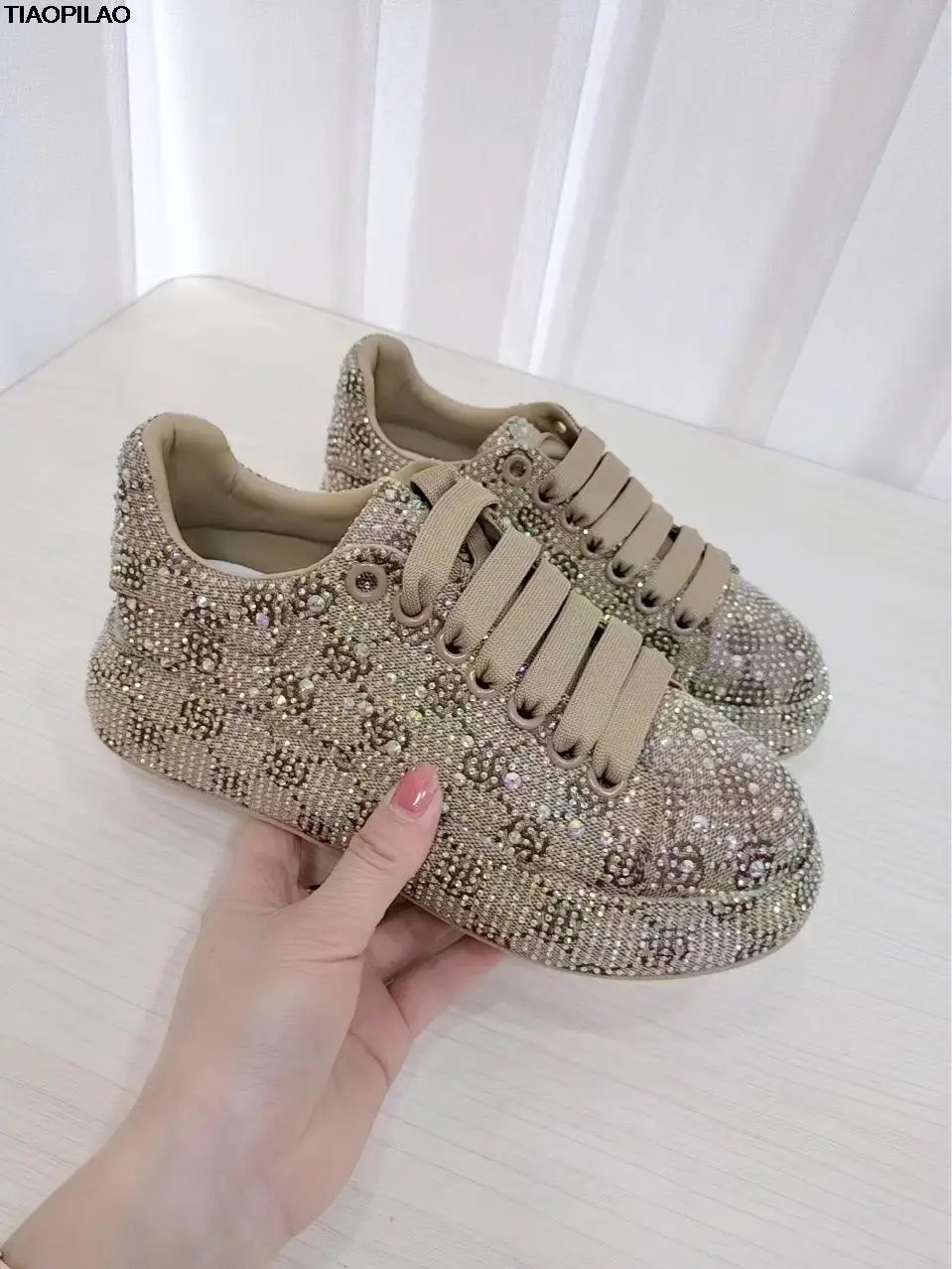 

Spring 2023 New Khaki Crystal Women's Sneakers Fashion Versatile Casual Ladies Party Shiny Female Shoes