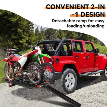 Heavy Dirt Bike Carrier for 2 Ebikes,Motorcycle Rack Hitch Mount with Ramp,Hitch Carrier with Ratchet Straps,Stabilizers 600 Lbs 1