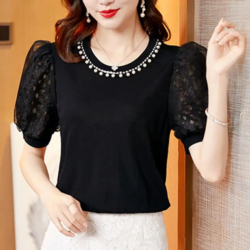 Fashion O-Neck Beading Lace Hollow Out Puff Sleeve Blouse Women Clothing 2023 Summer Oversized Casual Tops Office Lady Shirt