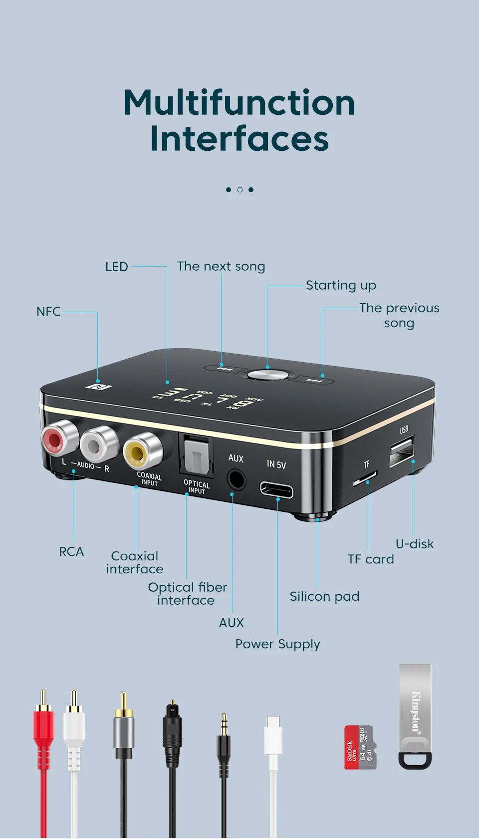 RCA, 5.0, aptx HD LL, 3.5mm Aux Jack para TV, Carro, Música