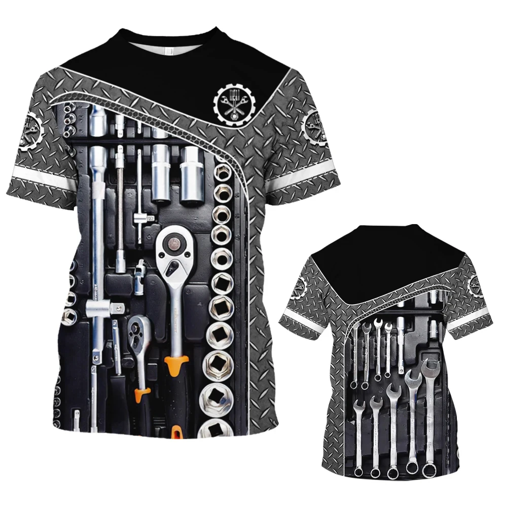 Vintage 3d mechaniczne narzędzie wzór nadrukowany męskich t-shirtów casualowe męskie ubrania z krótkim rękawem Street wakacje Top obszerna koszulka