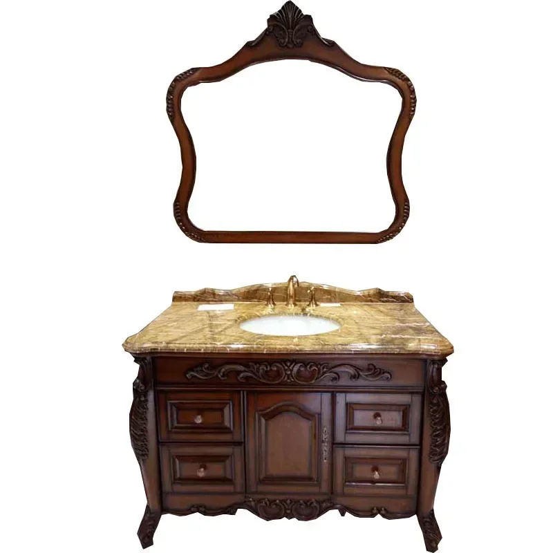 ~Bathroom Cabinet Oak Floor-Standing Bathroom Cabinet Washstand Marble Washbasin Antique Bathroom