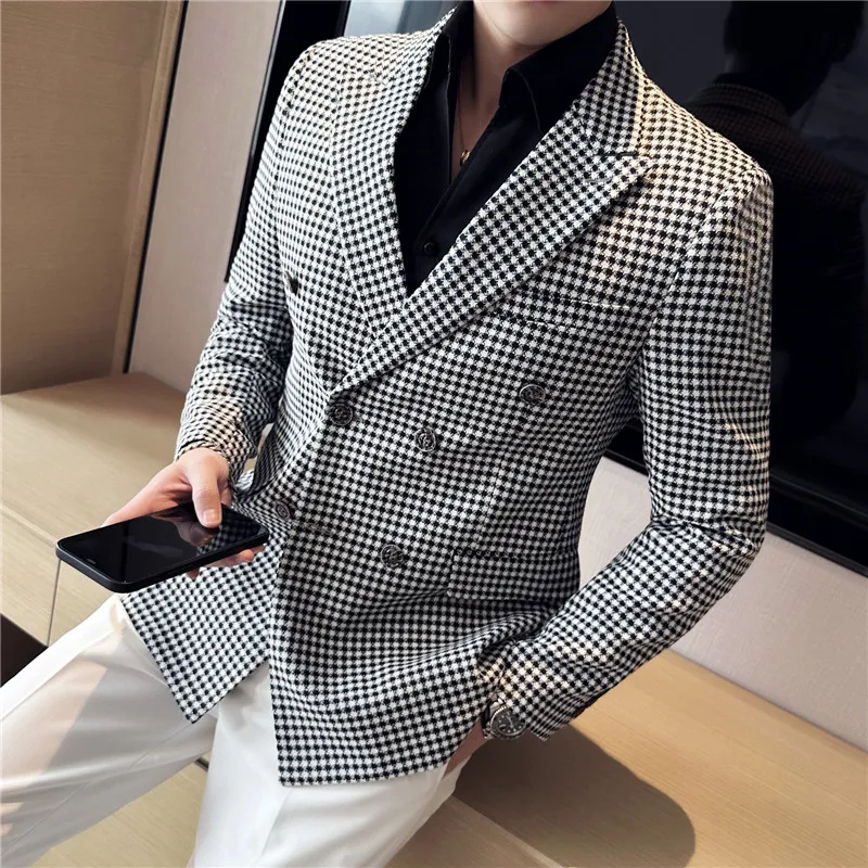 

2024 New Men's Casual Checkered Suit Coat with Thousand Birds Printed Business Slim Fit Wedding Dress Party Suit Coat Plus Size