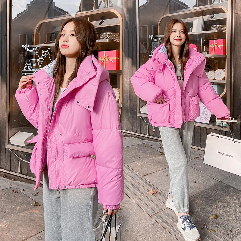 

2023 short hooded down padded jacket women's winter new solid color thickened bread cotton