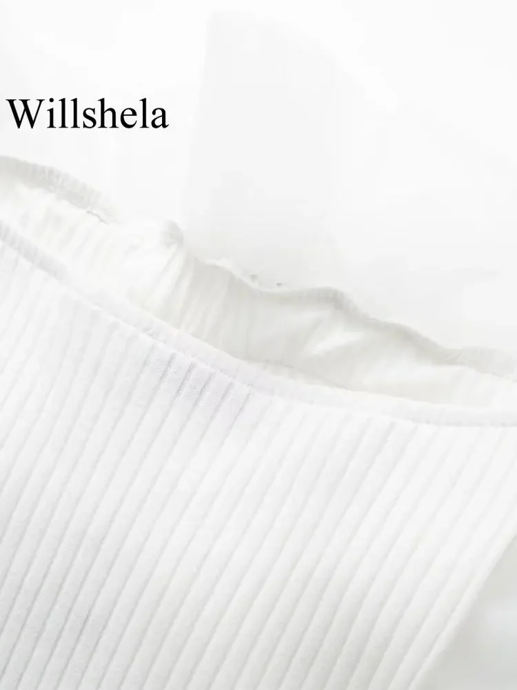 Willshela 여성 패션 골지 바디 수트, 오간자 러플 포함, 빈티지 고탄성 섹시 y2k 여성 시크 레이디 상의, 바디 팜므