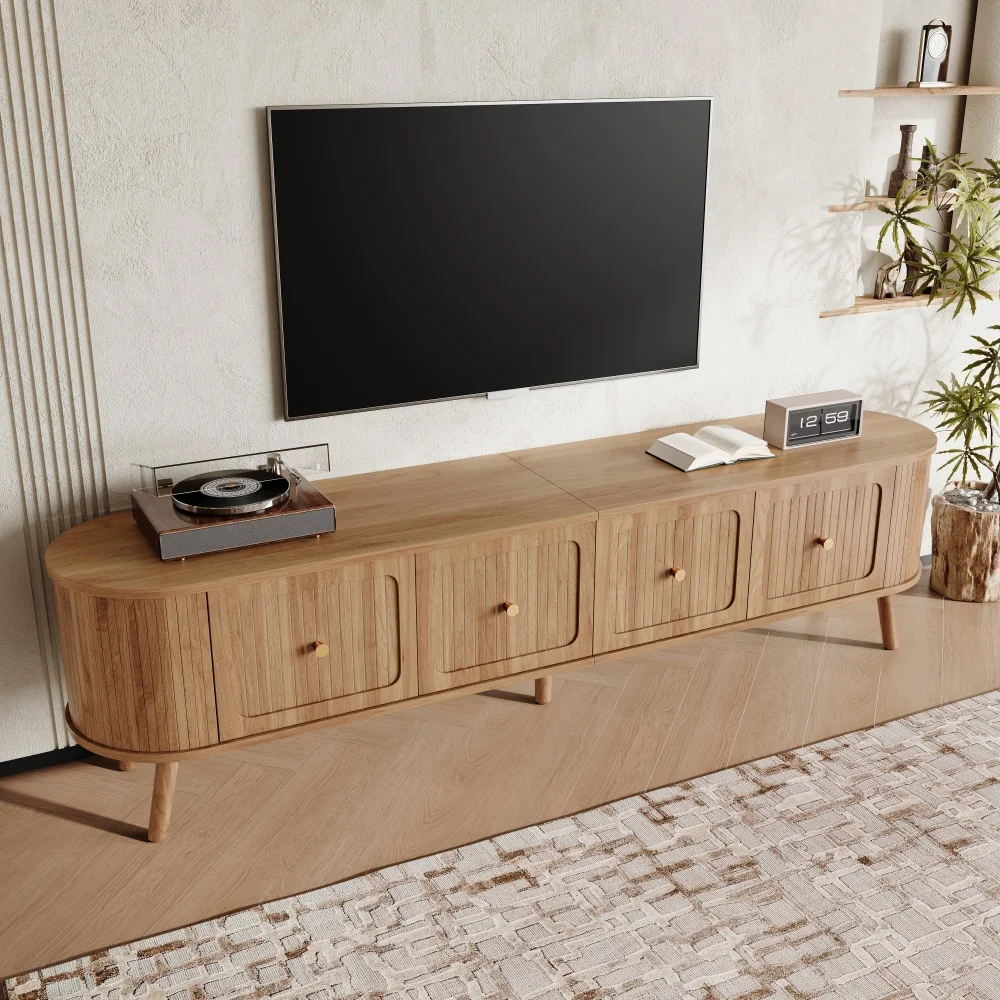 TV-Schrank aus Walnussholz mit 4 Schranktüren, Goldenen Griffen, Holzbeinen und TV-Panel in Einzigartigem Design – Detail 31
