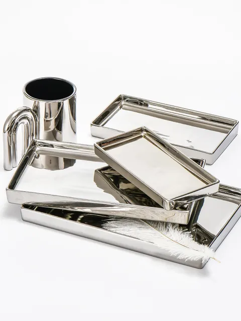 Nordic Electroplated Silver-plated Mirror Glass Tray Rectangular Storage Disk Jewelry Tier tray Home Decoration Snack Plates 5