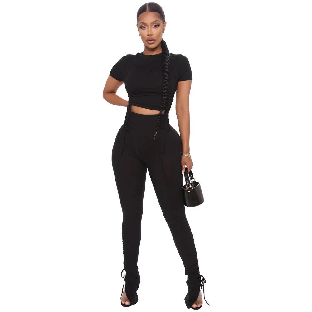 Women Ribbed Yoga Set Short Sleeve Crop Top High Waist Sport Leggings Set Active Wear Gym Suit Workout Clothes For Women