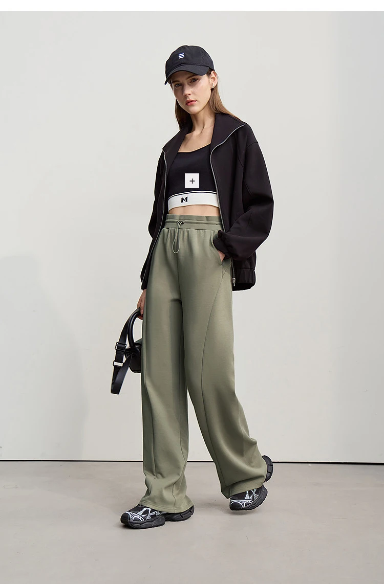 Amii Cotton Pants For Woman 2026 Autumn New Adjustable Rubber Band Waist Casual Pants Long Wide Leg Knit Women Trousers 12641040
