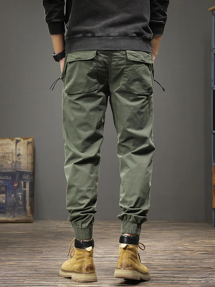 Casual Elastic Waist Pencil Pants Men Streetwear Green Cotton Stretch Slim Fit Drawstring Jogging Trousers
