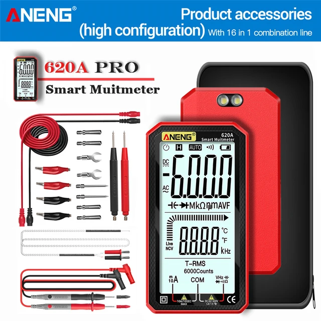 ANENG 620A Digital Smart Multimeter Transistor Testers 6000 Counts True RMS Auto Electrical Capacitance Meter Temp Resistance 620A Red PRO
