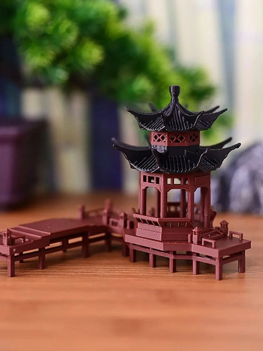 Chinese Octagonal Pavilion Miniature - Ancient Style Landscape Decor with Platform, Rockery for Aquarium,Zen Garden Display